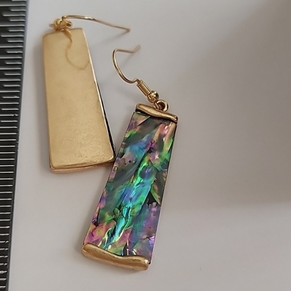 Multicolor Abalone Shell Inlay & Gold Drop Iridescent Dangle Earrings - Picture 2 of 3